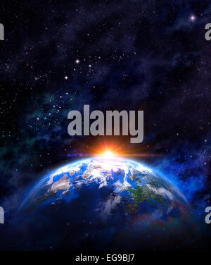 Le lever du soleil sur la terre. Vue imaginaire de la planète terre dans l'espace avec soleil levant. Éléments de cette image fournie par la NASA Banque D'Images