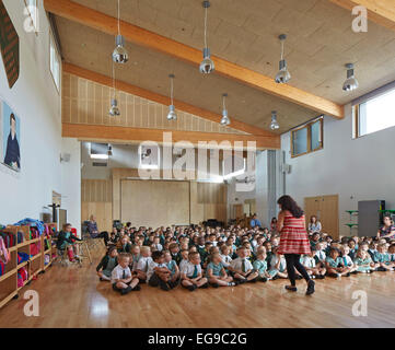 Wilkinson l'école primaire, Wolverhampton, Royaume-Uni. Architecte : Architype Limited, 2014. Fonctionnelle et multi-sports assemblée Banque D'Images