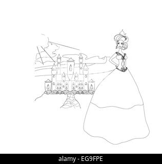 Belle jeune princesse en face de son château - doodle illustration Illustration de Vecteur