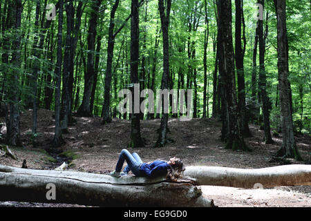 Femme couchée sur un tronc d'arbre dans la forêt, Gambarie, Calabre, Italie Banque D'Images