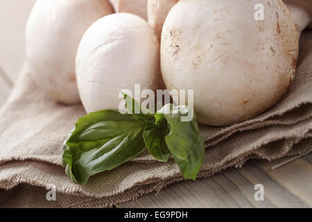 Tas de champignons blancs frais sur sac tissu sur le tableau Banque D'Images