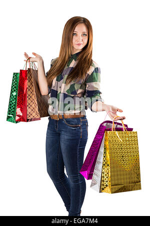 Woman with shopping bags in part isolé sur fond blanc Banque D'Images