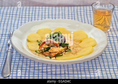 Plat de poisson traditionnel suisse - Filet de poisson à l'émincé de poisson, pain , œuf et herbes Farce et sauce à la crème au vin blanc Banque D'Images