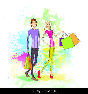 Shopping couple homme et femme avec des sacs plus de splash coloré Banque D'Images