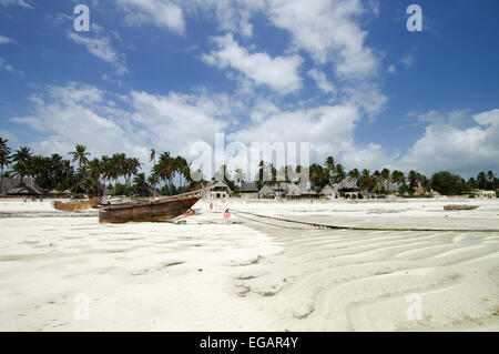 Ngalawa reposant sur la vasière à marée basse -, Jambiani Zanzibar Banque D'Images