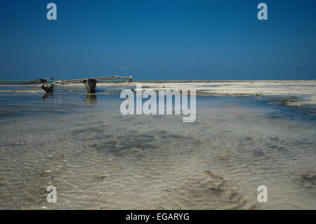 Ngalawa reposant sur la vasière à marée basse -, Jambiani Zanzibar Banque D'Images