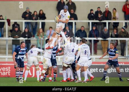 Vente, UK. Feb 21, 2015. Aviva Premiership Rugby. Sale Sharks contre les Sarrasins. Alistair Hargreaves sarrasins lock remporte un alignement. Credit : Action Plus Sport/Alamy Live News Banque D'Images