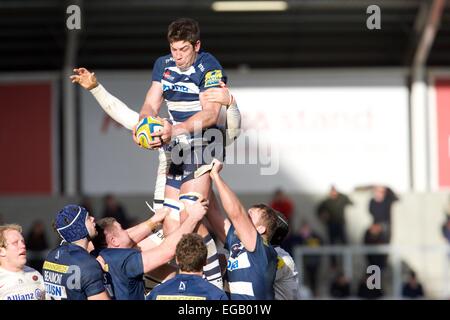 Vente, UK. Feb 21, 2015. Aviva Premiership Rugby. Sale Sharks contre les Sarrasins. Sale Sharks lock Nathan Hines vins un alignement. Credit : Action Plus Sport/Alamy Live News Banque D'Images