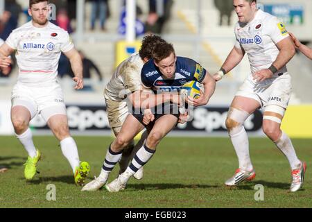 Vente, UK. Feb 21, 2015. Aviva Premiership Rugby. Sale Sharks contre les Sarrasins. Sale Sharks fullback Mike Haley est abordé. Credit : Action Plus Sport/Alamy Live News Banque D'Images