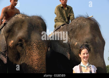 CHITWAN, NÉPAL 14 OCTOBRE : éléphants indiens -Elephas maximus indicus- transport de touristes en safari à l'aube par parc de Chitwan. Banque D'Images