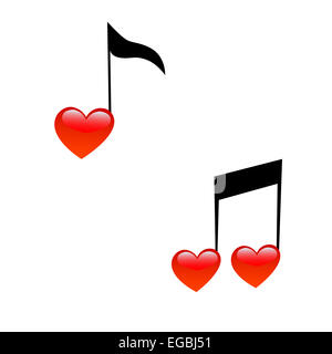 Le symbole de la musique et de l'amour. Des signes de notes dans la forme des coeurs Banque D'Images