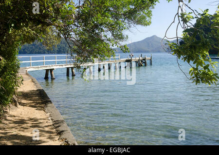 Quai à Whenuanui Bay, Marlborough Sounds, île du Sud, Nouvelle-Zélande Banque D'Images