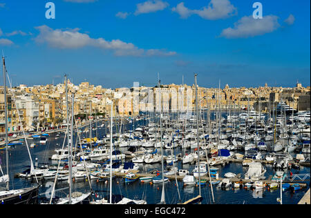 Bateaux amarrés dans la marina Vittorioso, vue en direction de La Valette, Vittoriosa, Birgu, Malte Banque D'Images