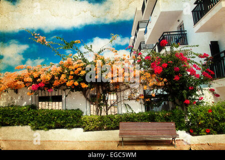 Vintage photo d'un banc entouré de fleurs sur un patio Banque D'Images