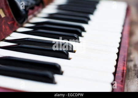 Gros plan sur un clavier classique rouge accordéon enfants Banque D'Images