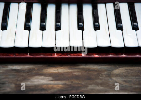 Gros plan sur un clavier classique rouge accordéon enfants Banque D'Images