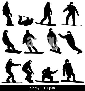 Jeu de silhouettes noires les planchistes sur fond blanc. Je vecteur Banque D'Images