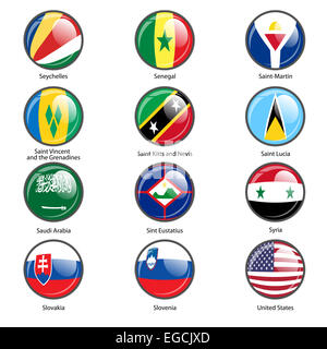 Icône de cercle de jeu Drapeaux du monde les états souverains. Vector illustr Banque D'Images