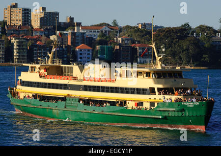 Manly Ferry arrivant à Circular Quay après son voyage à travers le port de Sydney à partir de la banlieue de Manly. Banque D'Images