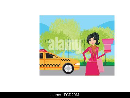 Femme élégante en attente d'un taxi Illustration de Vecteur