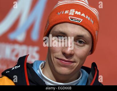 Falun, Suède. Feb 23, 2015. L'athlète du combiné nordique Eric Frenzel de l'Allemagne participe à une conférence de presse pendant le championnats du monde de ski nordique à Falun, Suède, 23 février 2015. Photo : Hendrik Schmidt/dpa/Alamy Live News Banque D'Images