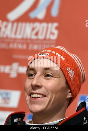 Falun, Suède. Feb 23, 2015. L'athlète du combiné nordique Eric Frenzel de l'Allemagne participe à une conférence de presse pendant le championnats du monde de ski nordique à Falun, Suède, 23 février 2015. Photo : Hendrik Schmidt/dpa/Alamy Live News Banque D'Images