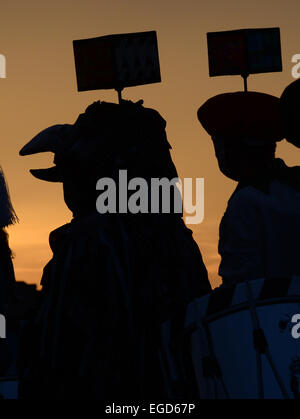 Bâle, Suisse. Feb 23, 2015. Carnaval des fous prennent part à une procession, le orgestraich "traditionnelles", dans les rues de Bâle, Suisse, 23 février 2015. L'événement attire des milliers de visiteurs et spectoators à partir de l'Allemagne, la France et le Luxembourg Année d'evey. Photo : Patrick Seeger/dpa/Alamy Live News Banque D'Images