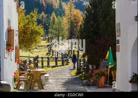 Sortir du chemin du village montagnard S-charl, Scuol, Engadine, Canton des Grisons, Siwtzerland Banque D'Images