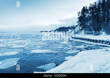 Paysage côtier d'hiver avec la glace flottante et congelé pier. Golfe de Finlande, de Russie. Photo monochrome dans les tons bleus Banque D'Images