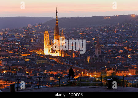 Vue de la terrasse de Bonsecours vers la cathédrale Notre-Dame de l'Assomption, Rouen, Normandie, France Banque D'Images
