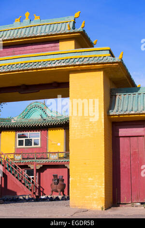 Bandeau à l'entrée du monastère de Gandan, Ulaanbaatar, Mongolie Banque D'Images