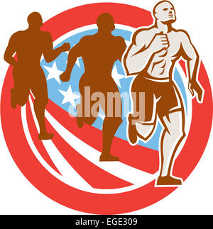 Illustration d'un Américain pour les coureurs de marathon crossfit face à l'avant fixé à l'intérieur du cercle avec stars and stripes flag fait dans le style rétro isolées sur fond blanc Banque D'Images