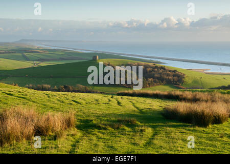 Vue vers l'école St Catherine chapelle qui se trouve sur une colline surplombant le littoral du Dorset et Abbotsbury. Banque D'Images