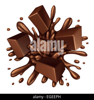 Splash chocolat liquide avec des morceaux de bonbons de fusion avec l'explosion d'une explosion de gouttes sirop brun doux isolé sur un fond blanc comme un symbole de l'élément de l'ingrédient alimentaire. Banque D'Images