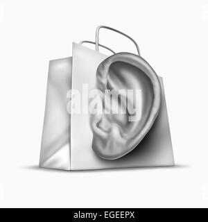Sondage de la clientèle concept comme un sac shopping en forme d'une oreille humaine comme un commerce de détail symbole pour l'écoute des besoins du consommateur et de la communication de l'entreprise sur un fond blanc. Banque D'Images