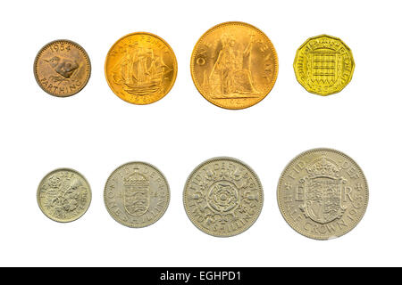 L'ensemble de la dernière décimale de pièces en circulation juste avant la décimalisation en Grande-Bretagne, sur un fond blanc. Banque D'Images