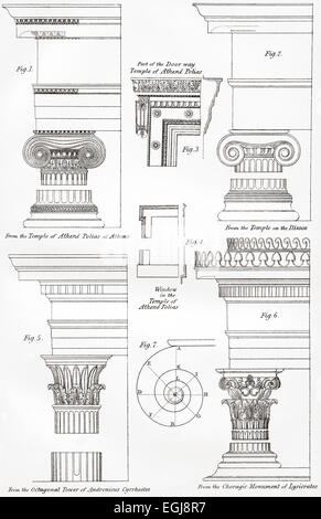 Exemples d'Ionic (haut) et corinthiennes (en bas) les commandes dans l'architecture grecque. Banque D'Images