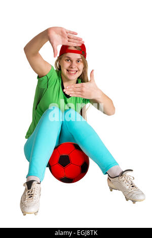 Sportswoman with ball sur le fond blanc Banque D'Images