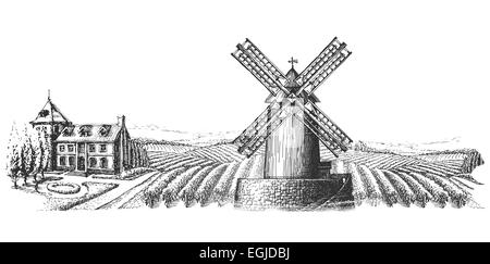 Moulin à vent et le paysage sur un fond blanc. croquis Banque D'Images