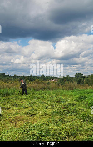 Couper l'herbe sur village garden. Banque D'Images