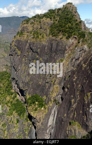 Cilaos, île de la Réunion, France. 4e août 2013. Le Piton de sucre et de fleurs jaunes dans le cirque de Cilaos, chute d'un des trois cirques de l'île de la réunion © Valérie Koch/ZUMA/ZUMAPRESS.com/Alamy fil Live News Banque D'Images