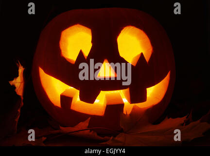 Brillants dans une sombre jack-o'-lantern pumpkin Banque D'Images