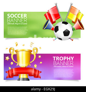 Deux bannières de football avec ballon de soccer, drapeaux, vuvuzela, tasse et ruban en 3D réaliste Style. Peut être utilisé pour des bannières web, flyer, Banque D'Images