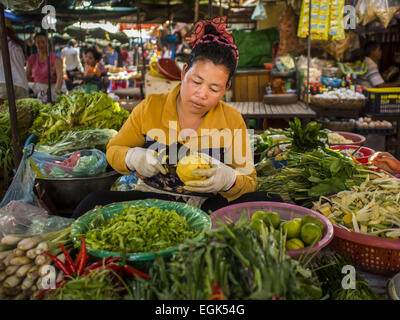 Phnom Penh, Phnom Penh, Cambodge. Feb 25, 2015. Une femme coupe ananas avant de le vendre à un marché à Phnom Penh. © Jack Kurtz/ZUMA/Alamy Fil Live News Banque D'Images