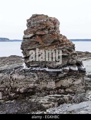 Une mer formée à partir de la pile érodé Bar Harbor en pierre est entourée de la formation de glace à la ligne de marée haute. Chemin de la rive, Bar Harbor, Maine. Banque D'Images