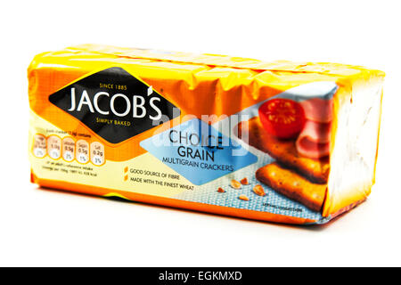 Jacob Jacobs craquelins multigrains crème paquet pack produit découpe découpe logo fond blanc copie espace isolé Banque D'Images