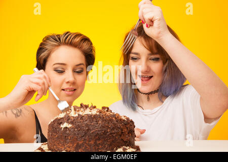 Deux jeune femme sur le point de manger un gros gâteau au chocolat. Banque D'Images