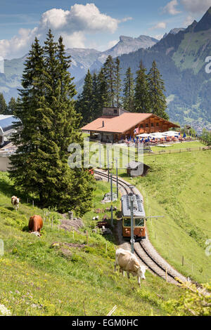 Train quittant la gare du village alpin de Winteregg, Suisse dirigé à Murren. Banque D'Images