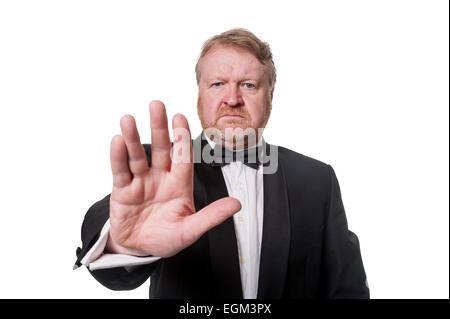 Bearded man in tuxedo contient jusqu'part, isolated on white Banque D'Images