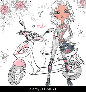 Vector fille mignonne avec scooter Banque D'Images